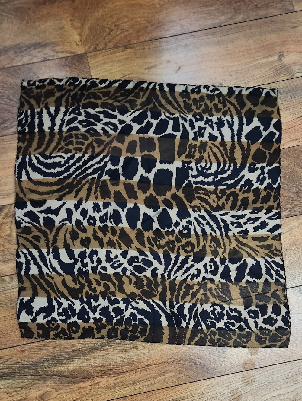 Animal Print Sheer Scarf - Brown, Black & Cream, Size 21" X 21"